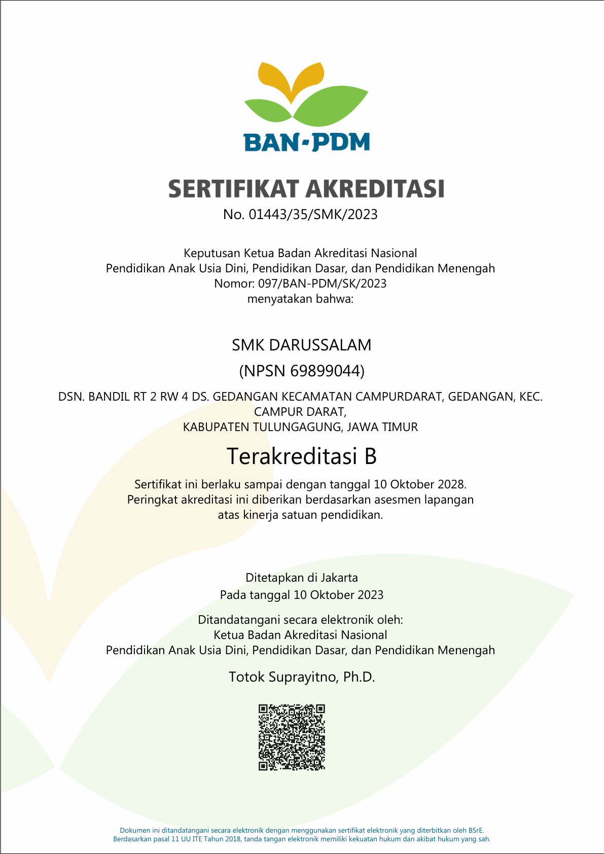 Sertifikat Akreditasi SMK DARUSSALAM BANDIL